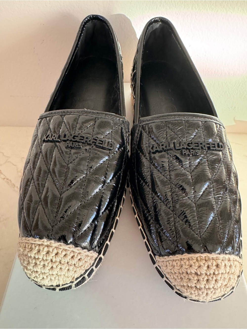 Karl Lagerfeld Quilted Black Platform Espadrilles with Crochet Toe - Picture 2 of 5